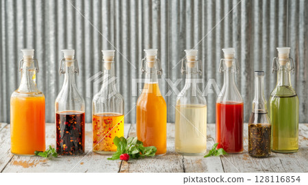 Variety glass bottles with homemade hot sauces and vinegar on rustic wooden surface 128116854