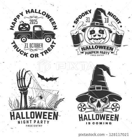 Set of Halloween is coming design. Vector illustration. For holiday Halloween design, shirt, logo, badge, decorations, cards, banner with pumpkin and skull in wizard hats, beer and pumpkin pickup 128117021