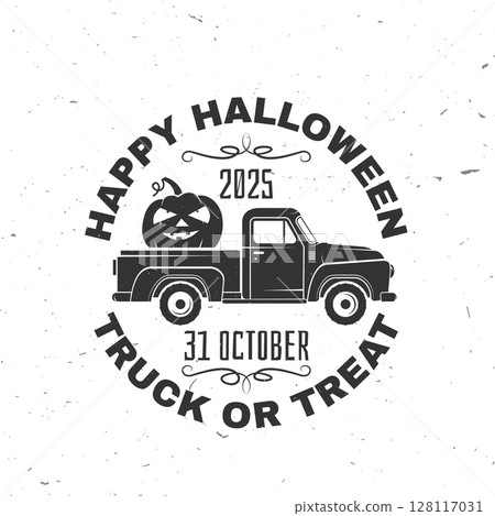 Happy Halloween. Truck or treat party design. Vector illustration. For holiday Halloween design, shirt, logo, badge, decorations, cards, banner with Pumpkin Pickup Truck silhouette. 128117031