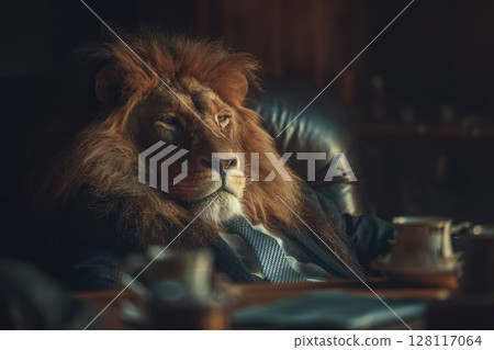 Lion in Black Suit and Tie Slouching in an Office Chair with Elegant Decor and a Relaxing Atmosphere Lion in Black Suit and Tie Slouching in an Office Chair with Elegant Decor and a Relaxing Atmosphere 128117064