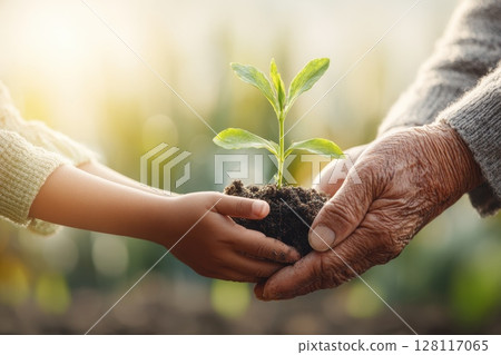 A young child holds a plant in their hands while an older person holds a plant in their other hand. Concept of nurturing and care 128117065