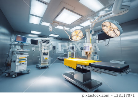 Modern Operating Room with Advanced Medical Equipment and Surgical Lighting Setup 128117071