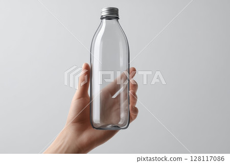A hand holding a clear bottle made of plastic and is empty 128117086