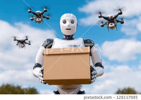 A robot is holding a box and there are three drones flying in the background A robot is holding a box and there are three drones flying in the background 128117095