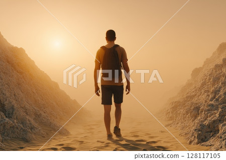 Solo Traveler Walking Through Desert Canyon at Dusk Amidst Tranquil Natural Landscape 128117105