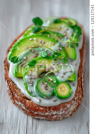 Avocado spread and microgreens are the key ingredients in these whole grain sandwiches 128117141