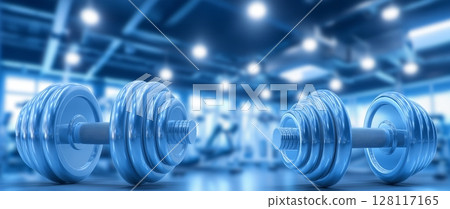 In the background of a gym, an interior scene displays dumbbells neatly organized on a rack for fitness and working out 128117165