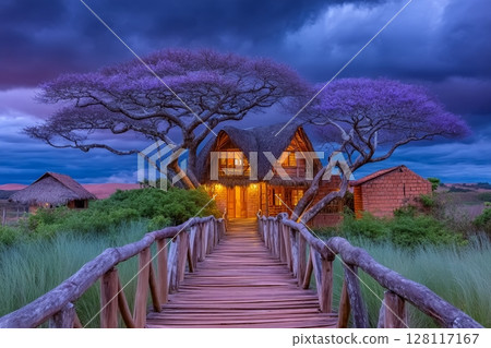 A wooden boardwalk spans a swampy area on a hiking trail, set against a backdrop of dark clouds in the Pantanal Wetlands of Mato Grosso, Brazil 128117167