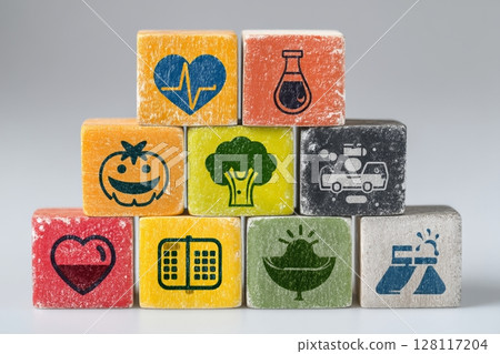 Wooden blocks stacked with integrated icons for healthcare, medical services, and an umbrella, all on a white background, convey the idea of health care and insurance 128117204