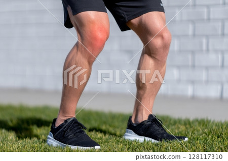Attractive young male wearing sportswear performs scissors exercise on a synthetic green lawn beside a brick wall 128117310
