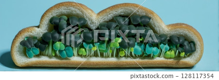 A sandwich or bread that is healthy and topped with microgreens such as garlic seedlings or sprouts 128117354