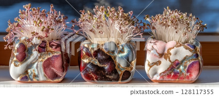 In the sunlight, sitting still with three pots of thriving microgreens 128117355