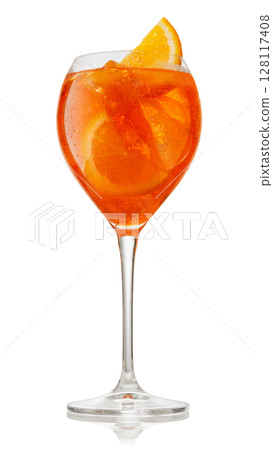Glass of cold aperol spritz cocktail isolated on white with clipping path 128117408