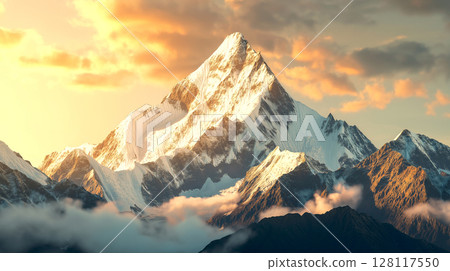Evening panoramic view of mount Ama Dablam with beautiful sky golden light on the way to Everest base camp, Khumbu valley, Sagarmatha national park, Everest area, Nepal 128117550