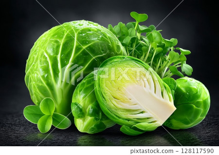 Isolated on a black background are raw radish microgreens and green Brussels sprouts, representing healthy fresh radish sprouts and cabbage as organic food 128117590