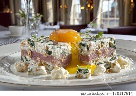 The restaurant table featured tuna carpaccio accompanied by white wine 128117614