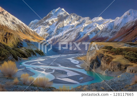A hiker, standing exposed atop a rocky outcrop, gazes down towards Skippers Canyon, Queenstown, Otago, on the South Island of New Zealand, Oceania 128117665