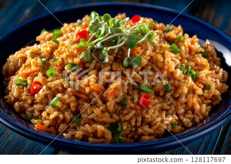A plate of vegetable rice cooked in a wok, garnished with microgreens, set against a dark background 128117697