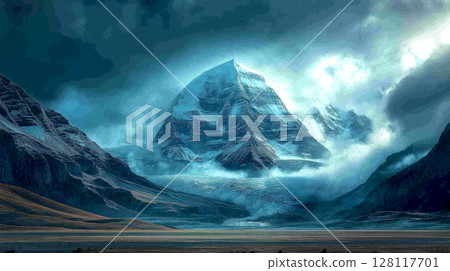 Landscape of Sacred Mount Kailash and Om Parvat, Kailash, Tibet. Mystery Himalayan snow mountains 128117701