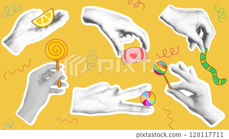 Female hands in halftone style holding candies 128117711
