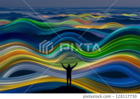 A breathtaking mountain vista features a tiny tourist figure with a backpack standing on a rocky slope, arms outstretched, overlooking a valley filled with fluffy white clouds, symbolizing the beauty 128117730