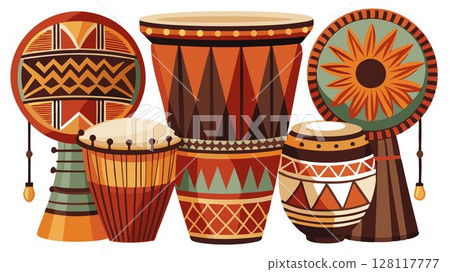 This image showcases a variety of African drums, emphasizing their unique shapes, sizes, and the intricate details of their craftsmanship, providing a visually appealing image for musical publication 128117777