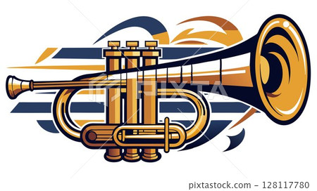 This image showcases a jazz trumpet, highlighting its elegant design, its rich tone, and its central role in jazz music and brass band performances, providing a visually appealing image for music pub 128117780