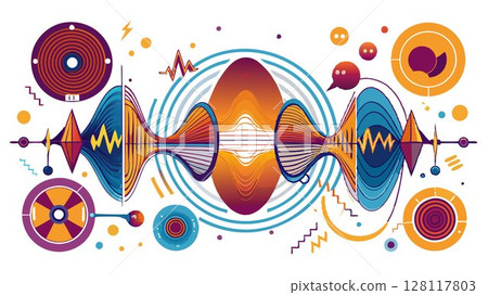 This image showcases the dynamic patterns and intricate forms of sound waves, emphasizing their physical nature and the relationship between sound and its visual representation, providing a visually 128117803