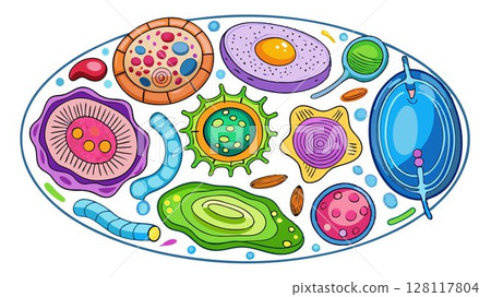 This image showcases a variety of animal cell types, emphasizing their unique structures, organelles, and the overall complexity of cellular biology, providing a visually engaging and informative ima 128117804