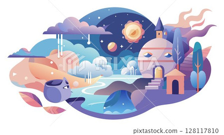 The image portrays a dream state, highlighting the soft, blurred forms, surreal imagery, and the overall sense of wonder and mystery often associated with dreams, creating a visually appealing and ve 128117810
