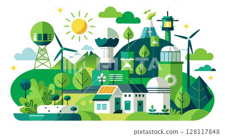 The image portrays various forms of green energy, highlighting their clean and sustainable nature, creating a visually appealing and versatile image suitable for various applications, including envir 128117848