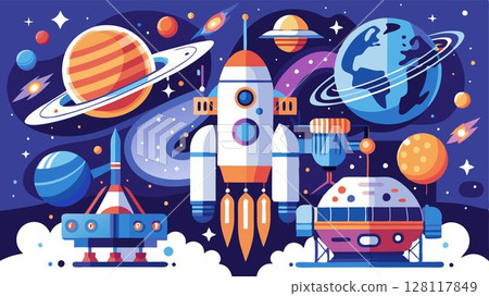 The image portrays advanced space technology, highlighting the complex systems, innovative designs, and the overall ambition and technological prowess of space exploration, creating a visually appeal The image portrays advanced space technology, highlighting the complex systems, innovative designs, and the overall ambition and technological prowess of space exploration, creating a visually appeal 128117849