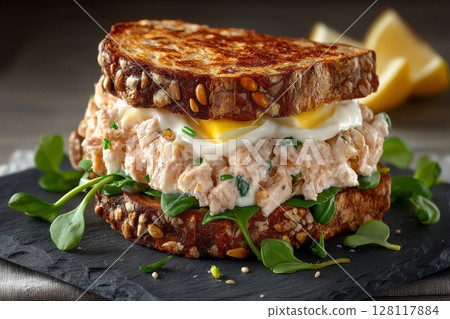 Smoked fish capelin sprats, lemon, watercress, and cream cheese are layered on fried bread slices to create a sandwich 128117884