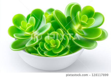 In a macro photograph taken from the front and set against a white background, a white bowl holds the microgreens of Ocimum basilicum, or Saint-Joseph's-wort, which consist of sprouts, green 128117899