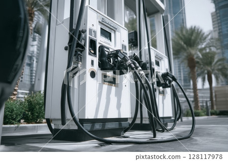 An electric car charging station is situated in a public parking lot An electric car charging station is situated in a public parking lot 128117978