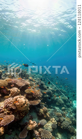 Underwater Coral Reef Ecosystem with Colorful Fish and Sunlight Rays 128118011