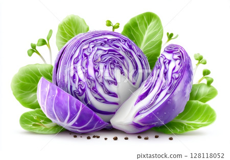 A macro photograph showcases red cabbage, fresh sprouts, and young leaves against a white backdrop, highlighting vegetables and microgreens, including purple cabbage and various types of kraut, with 128118052