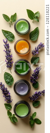 Colorful cosmetics jars arranged neatly with fresh lavender and green leaves enhancing beauty and skin care experience, showcasing variety in face care products 128118221