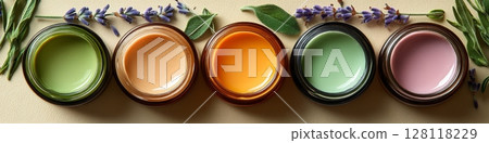 Vivid collection of vibrant cosmetic glass jars showcasing natural skincare elements for face care and beauty enhancement 128118229