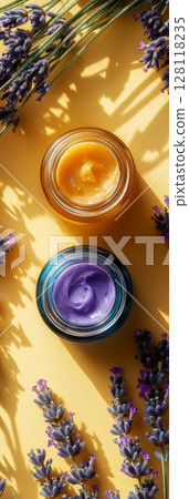 Colorful cosmetics jars arranged flat lay on golden background with lavender flowers showcasing diverse face care formulas for skin nourishment and beauty enhancement 128118235