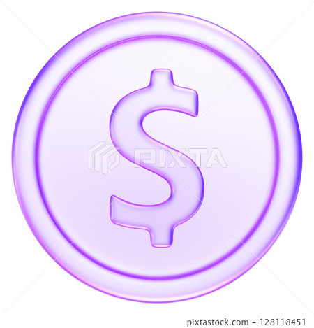 Purple glassmorphism coin icon with dollar sign, perfect for concepts of currency, pricing, or saving money, 3d rendering 128118451