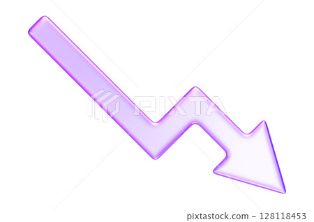Purple glassmorphism downward arrow chart icon, representing business loss, market drop, or negative metrics, 3d rendering 128118453