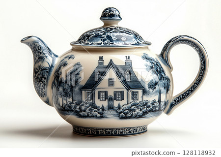 Porcelain aesthetic. Ceramic teapot in shape of an English house on a white background. Classic style. Porcelain aesthetic. Ceramic teapot in shape of an English house on a white background. Classic style. 128118932