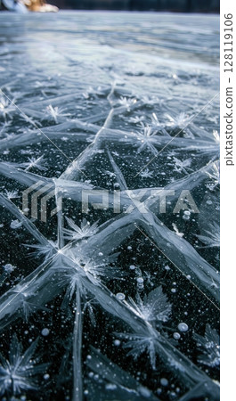 Frozen Lake Ice Formations with Crystals and Natural Patterns 128119106