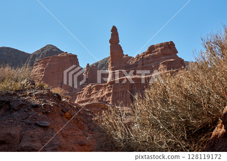 Red rock formations, canyon landscape with clear blue sky. Red rock formations, canyon landscape with clear blue sky. 128119172
