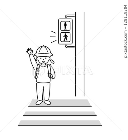 Illustration of a child (girl) trying to cross the street when the light is green _ Line drawing 128119284
