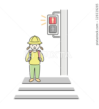 Illustration of a child waiting for a red light at a pedestrian crossing (girl) 2 128119285