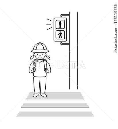 Illustration of a child (girl) waiting for a red light at a pedestrian crossing_Line drawing Illustration of a child (girl) waiting for a red light at a pedestrian crossing_Line drawing 128119286
