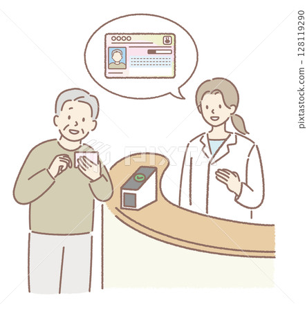 一位老人（祖父）在醫院出示他的“我的號碼卡” 128119290