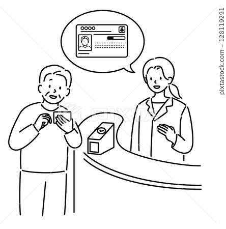 一位老人（祖父）在醫院出示「我的號碼卡」的線畫 128119291